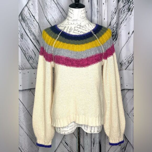 Anthropologie Cream Pullover Sweater Striped Trim Size M - Picture 1 of 8